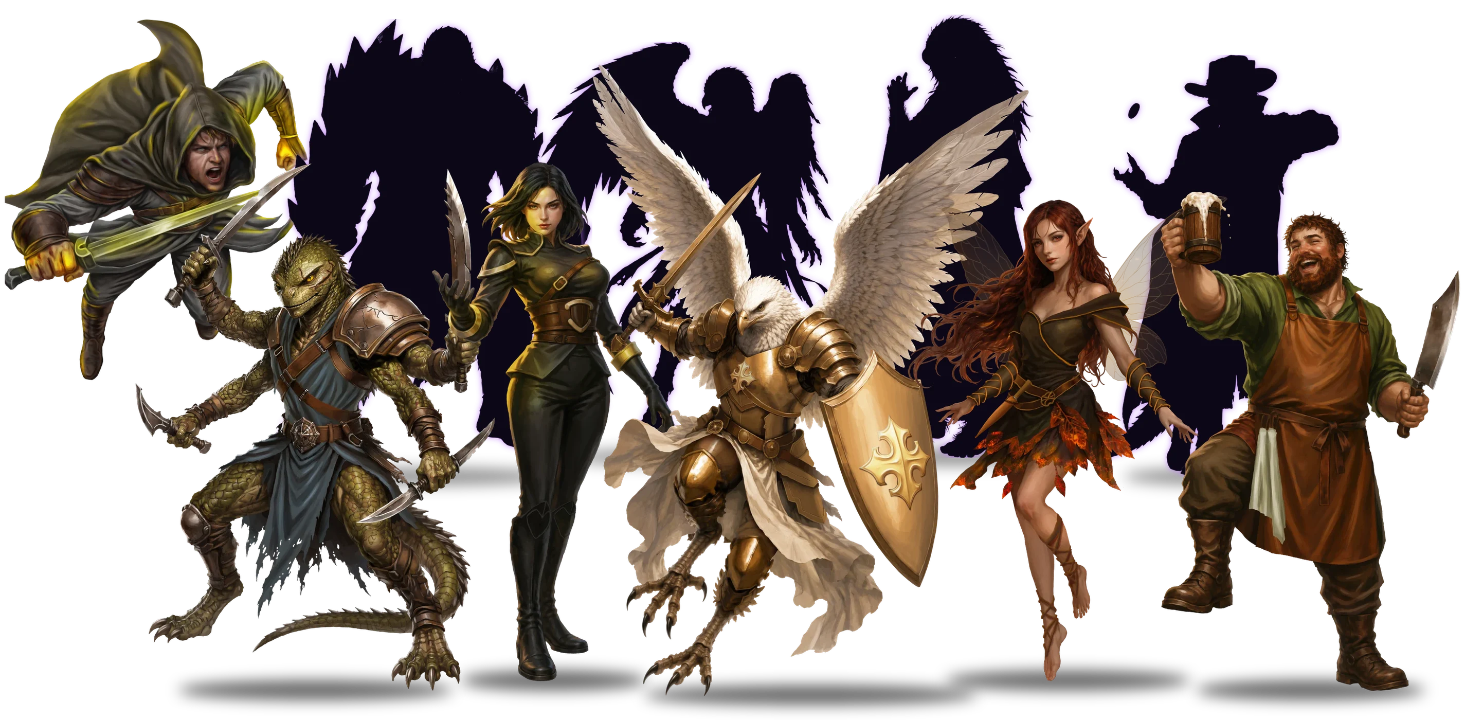 The ten heroes of Fluxheart, four of them still unknown silhouettes
